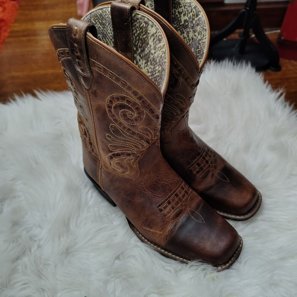 Smoky Mountain Shelby Cowboy Boots Wmns 8 Walking Heel Square Toe Brown Studded